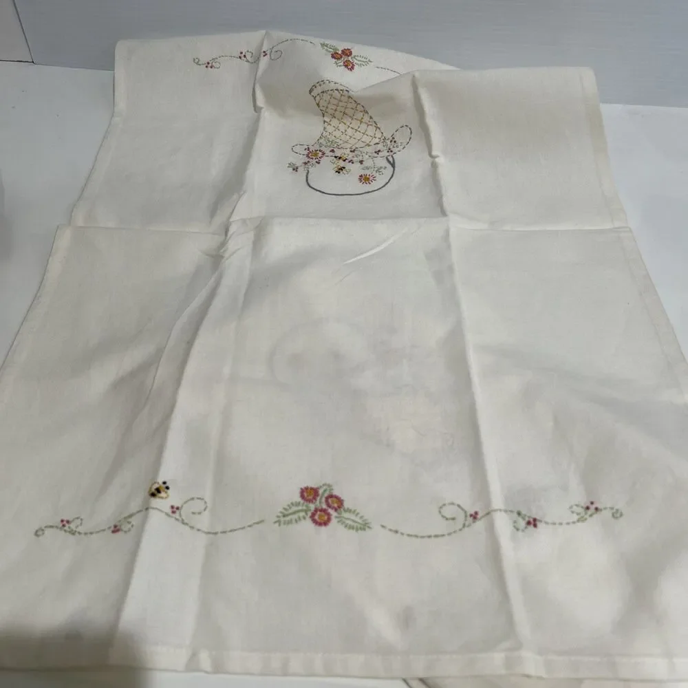 Set of 2 Hand Embroidered Cream Dish Tea Towels Floral Basket Bees